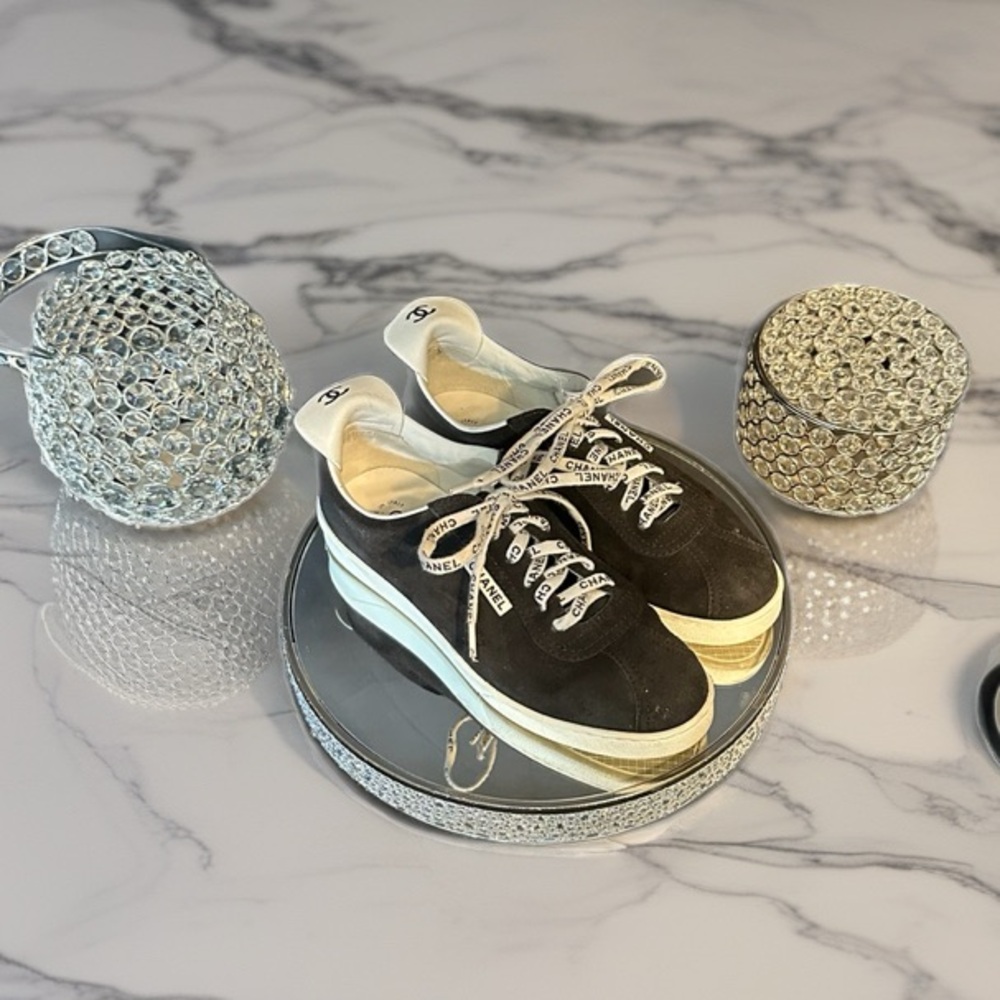 CHANEL Black Suede Sneakers with White Leather Accents